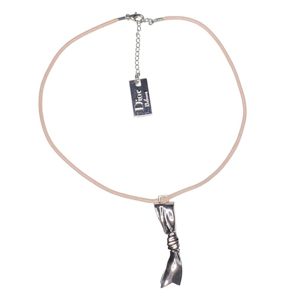 VTG Christian Dior Beauty Silver Bow Ribbon Charm Pink Cord Choker Necklace
